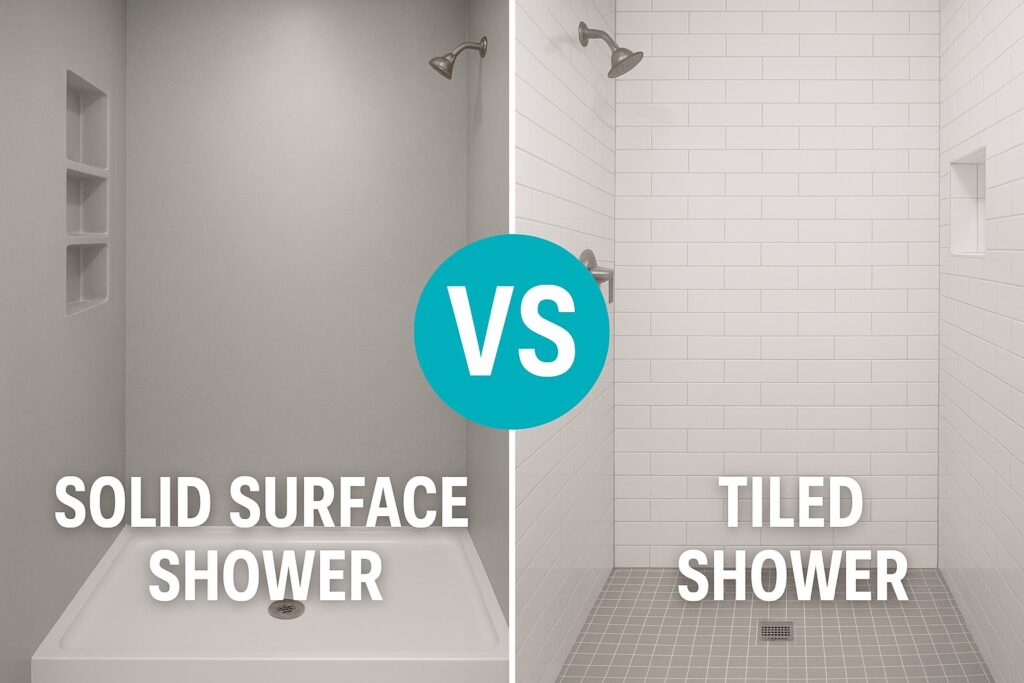 Solid surface shower system installed by B&M Home Improvement Solutions — modern, grout-free, waterproof shower with custom fixtures