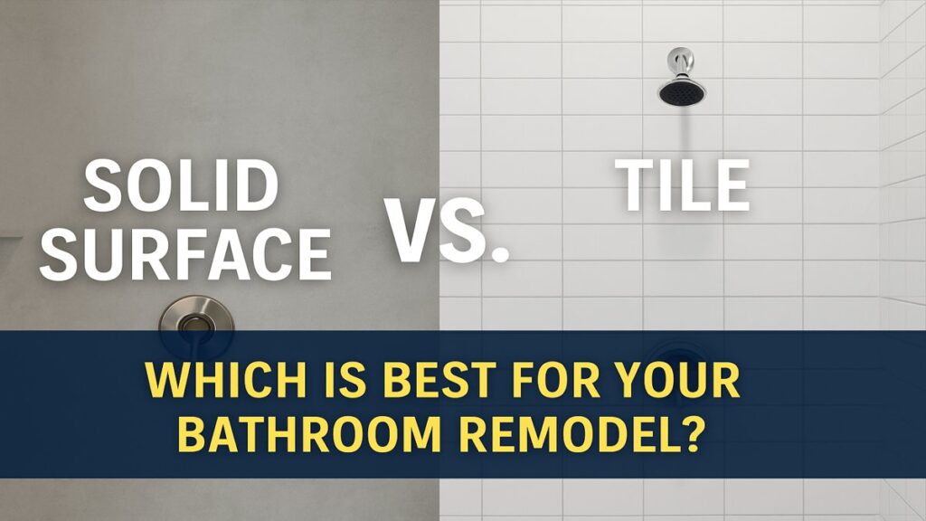 Side-by-side comparison graphic of solid surface vs. tile showers, highlighting features, cost, and installation time for bathroom remodels by B&M Home Improvement Solutions in Lancaster and York PA.
