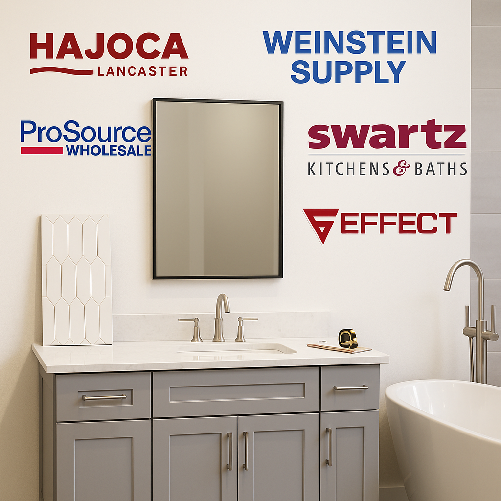 Modern bathroom showroom with vanity, freestanding tub, and logos of Hajoca, Weinstein Supply, ProSource, Swartz, and Effect Distributor on the wall.