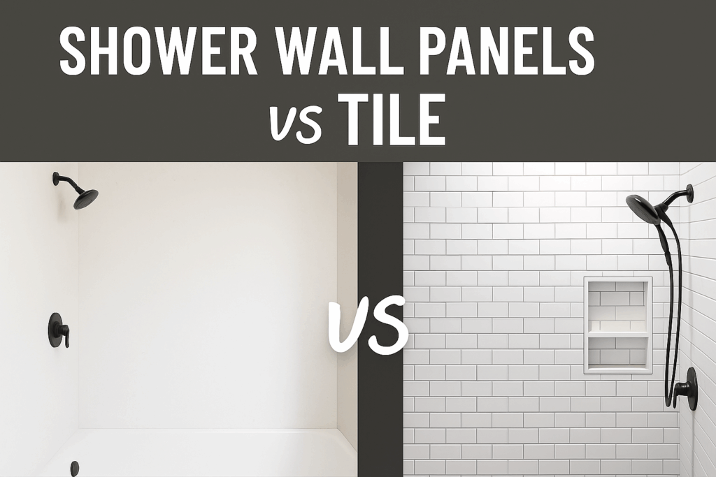 Side-by-side comparison of solid surface shower wall panels and custom tile showers, showing design differences and maintenance needs for Lancaster PA homeowners
