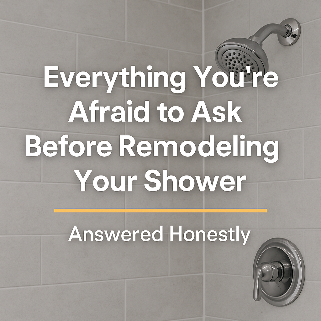 Modern tiled shower wall with chrome fixtures and overlaid text reading 'Everything You're Afraid to Ask Before Remodeling Your Shower – Answered Honestly,' designed as a blog cover image in a clean, professional style.