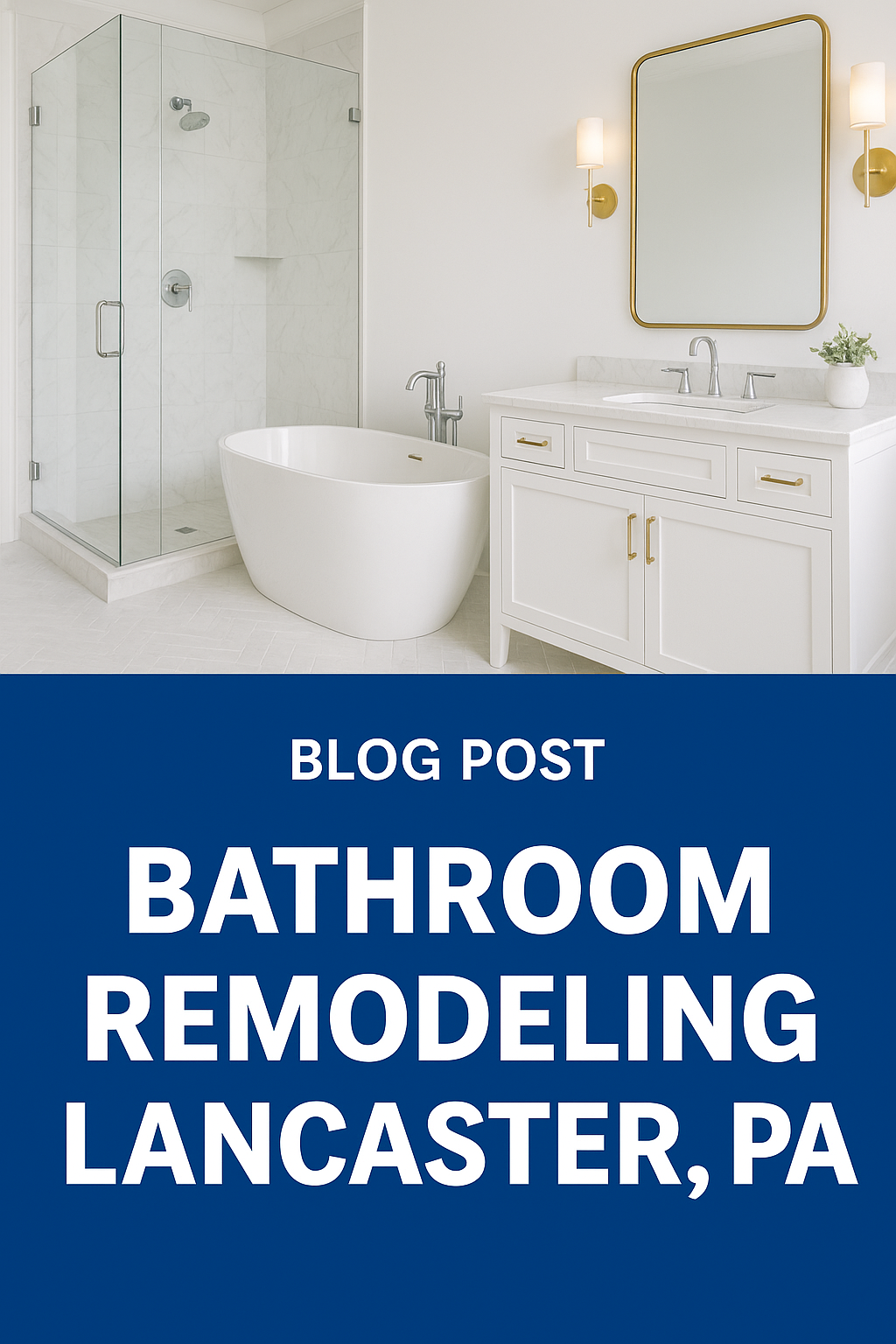 Elegant bathroom remodel featuring a frameless glass shower, freestanding tub, and white vanity with gold fixtures, styled for a high-end Lancaster, PA home.