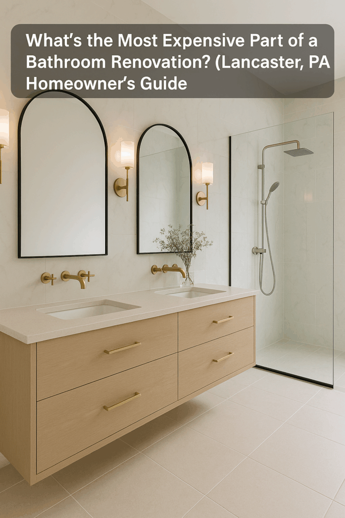 A modern, high-end bathroom featuring a curbless walk-in shower with a glass panel and rain showerhead, a light wood double vanity with gold hardware, and two arched mirrors with matching wall sconces. The space is clean, minimal, and designed to appeal to upper-middle-class homeowners in Lancaster, PA. The blog title "What’s the Most Expensive Part of a Bathroom Renovation? (Lancaster, PA Homeowner’s Guide)" is overlaid in bold white text on a semi-transparent dark background.