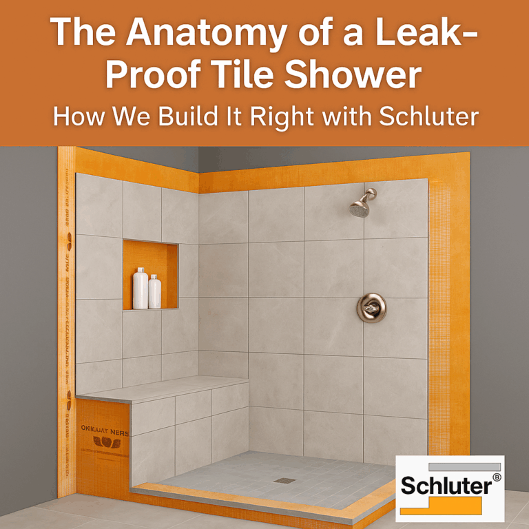 Professional Schluter System installation showing waterproofing layers and tile preparation in a Lancaster PA shower remodel