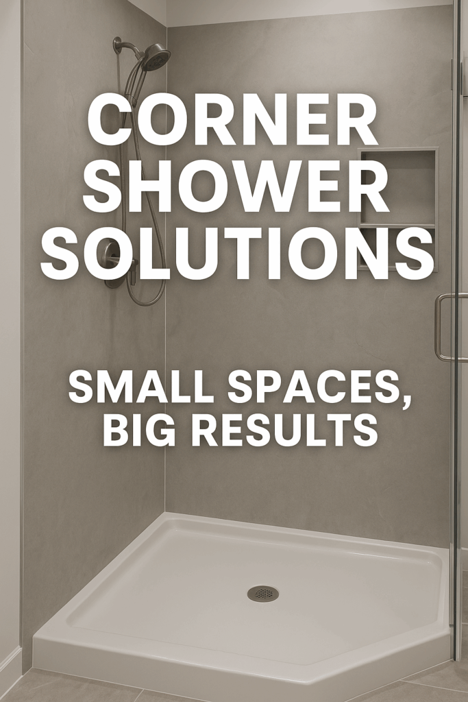 Newly renovated solid surface corner shower with glass door in a small Lancaster, PA bathroom – compact and modern desig