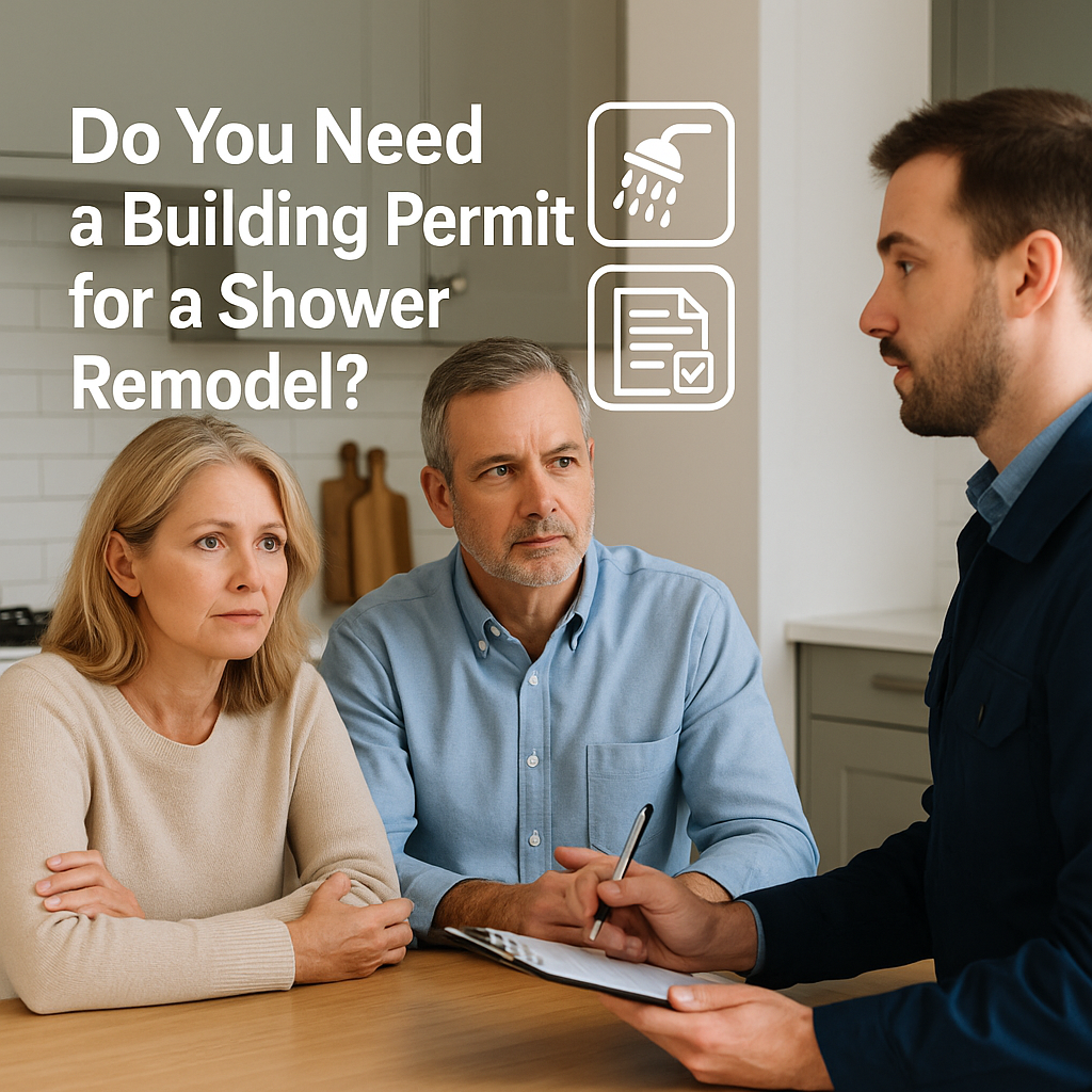 A contractor discusses shower remodeling plans with a couple in a modern kitchen while reviewing paperwork about building permits in Lancaster or York, PA.