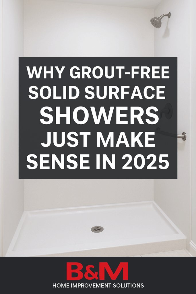 Modern solid surface shower system with seamless panels, installed by B&M Home Improvement Solutions in Lancaster, PA