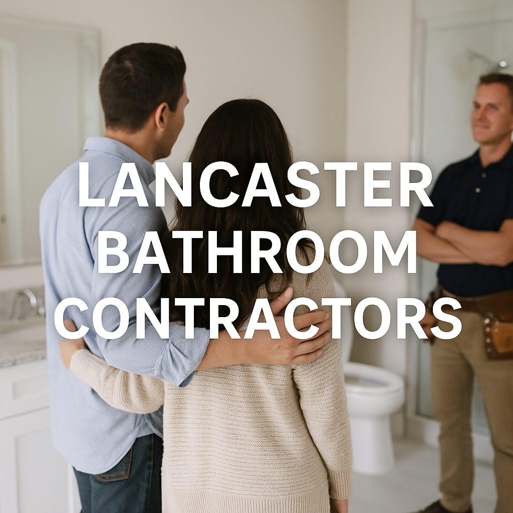 A professional bathroom contractor and client reviewing a remodel design plan in a modern Lancaster home.