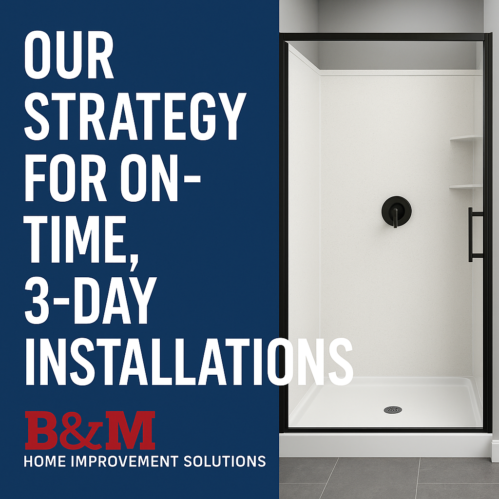 Solid surface shower remodel in progress, highlighting B&M Home Improvement Solutions’ 3-day installation process from demo to glass enclosure