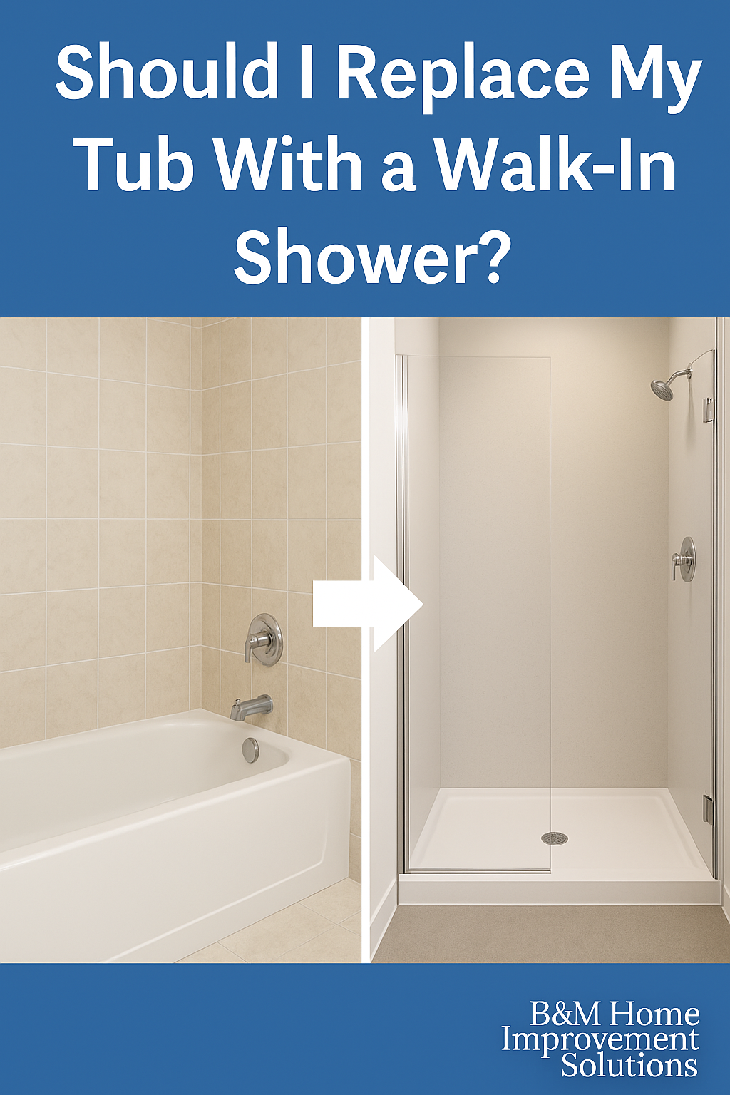 Before-and-after photo of a tub-to-shower conversion using a solid surface system by B&M Home Improvement Solutions in Lancaster, PA