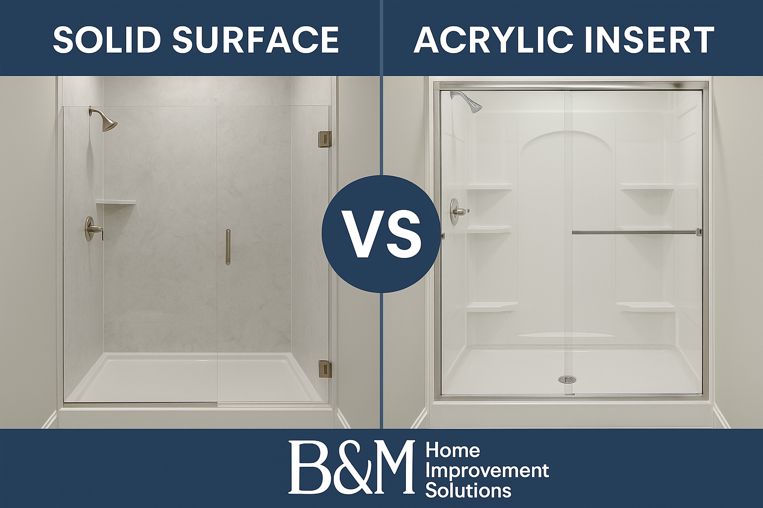 Side-by-side image of solid surface shower system and standard acrylic insert for comparison in a Lancaster PA hom