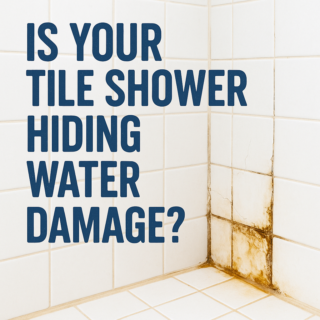 Cracked tile shower with moldy grout showing hidden water damage, overlaid with the question “Is Your Tile Shower Hiding Water Damage?”