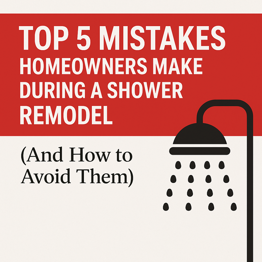 Graphic with bold red and white background displaying the title 'Top 5 Mistakes Homeowners Make During a Shower Remodel (And How to Avoid Them)' alongside a simple black showerhead icon with water droplets.