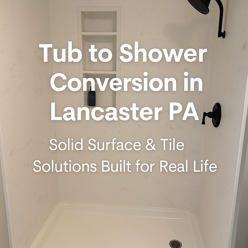 A shower remodeling project in Lancaster PA with overlaid text describing tub to shower conversion options including solid surface and custom tile