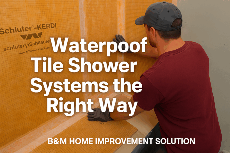 Professional Schluter waterproofing system installation for a custom tile shower in Lancaster PA, showing membrane on walls and pan