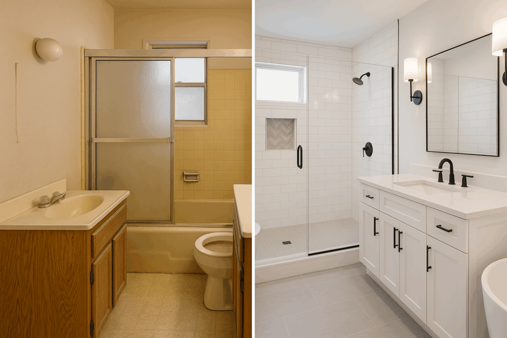 Side-by-side image of a bathroom before and after a remodel, showing a transition from outdated yellow tile and fixtures to a modern walk-in shower, white vanity, and matte black accents.