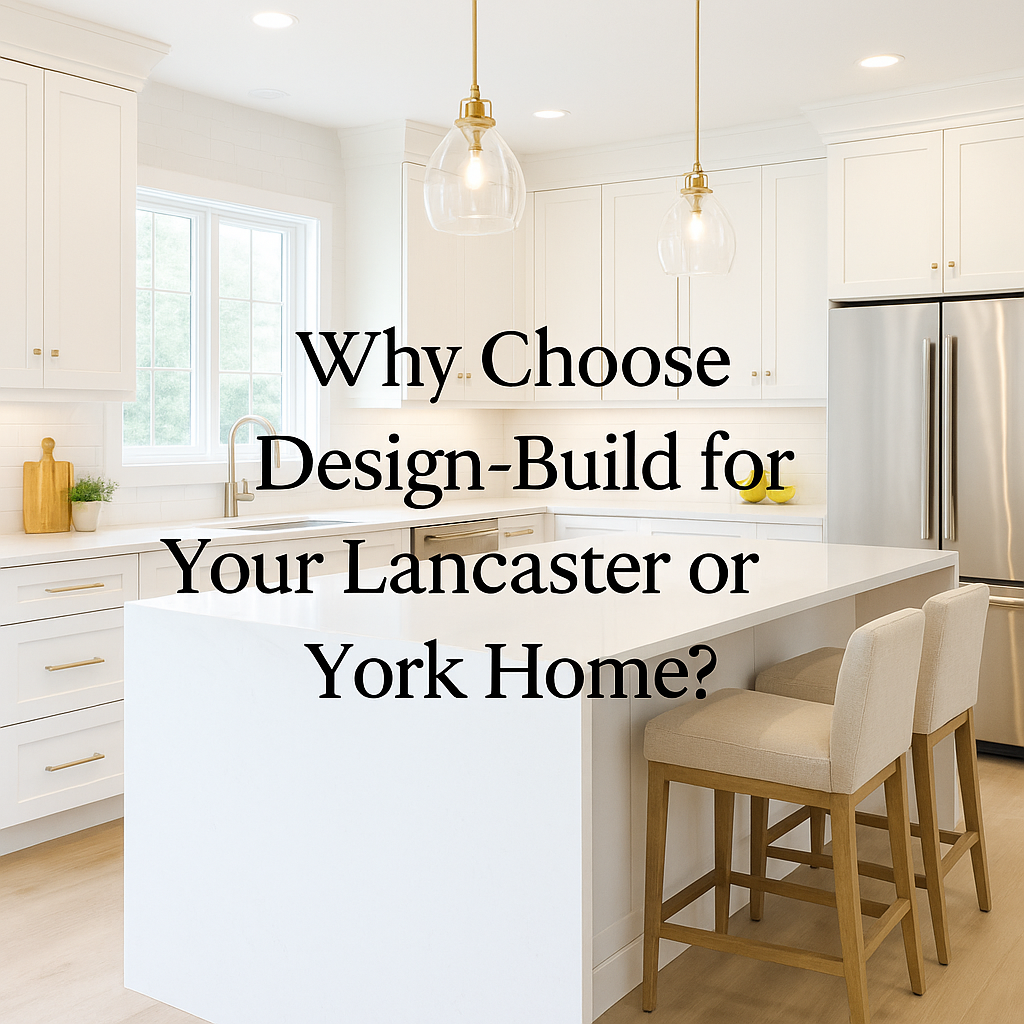 A luxury design-build kitchen featuring a bright, open layout with large windows, white shaker cabinets, a waterfall-edge quartz island, and modern pendant lighting, representing high-end remodeling in Lancaster and York, PA.