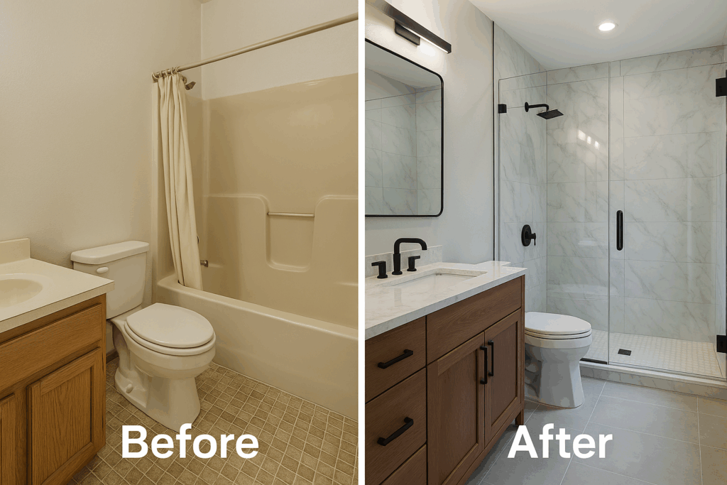 Before and after bathroom remodel showing a transformation from an outdated beige tub and vanity to a modern walk-in shower with marble tile, a walnut vanity, and matte black fixtures.