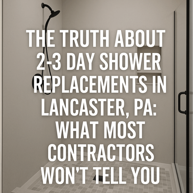 Modern solid surface walk-in shower with matte black fixtures and glass door, featuring blog title text overlay about 2–3 day shower replacements in Lancaster, PA.