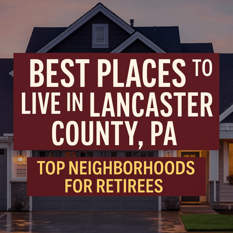 Graphic with bold white text on a dark red background reading “Best Places to Live in Lancaster County, PA,” placed over an image of a suburban home at dusk. A smaller banner below reads “Top Neighborhoods for Retirees” in yellow capital letters, highlighting the blog’s focus on retirement-friendly areas.