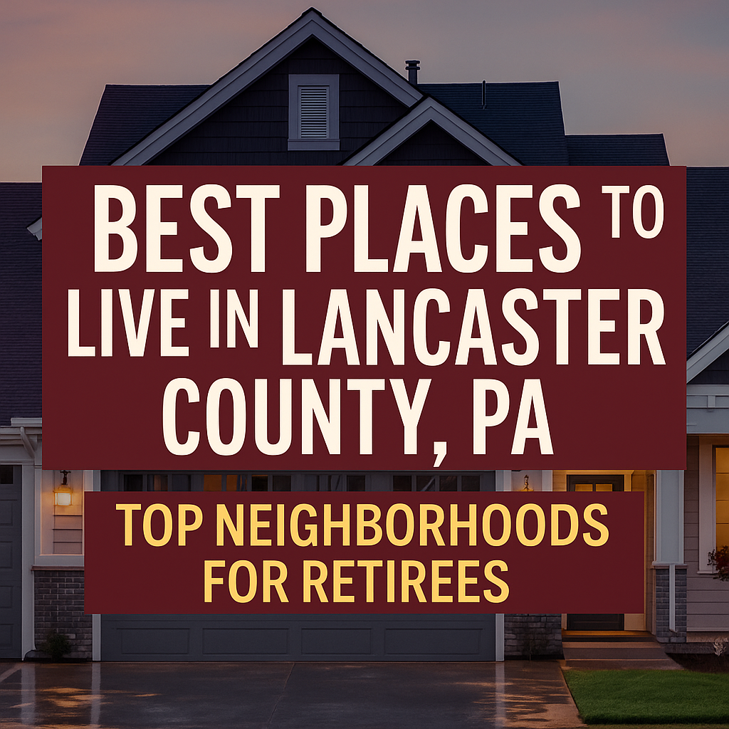 Graphic with bold white text on a dark red background reading “Best Places to Live in Lancaster County, PA,” placed over an image of a suburban home at dusk. A smaller banner below reads “Top Neighborhoods for Retirees” in yellow capital letters, highlighting the blog’s focus on retirement-friendly areas.