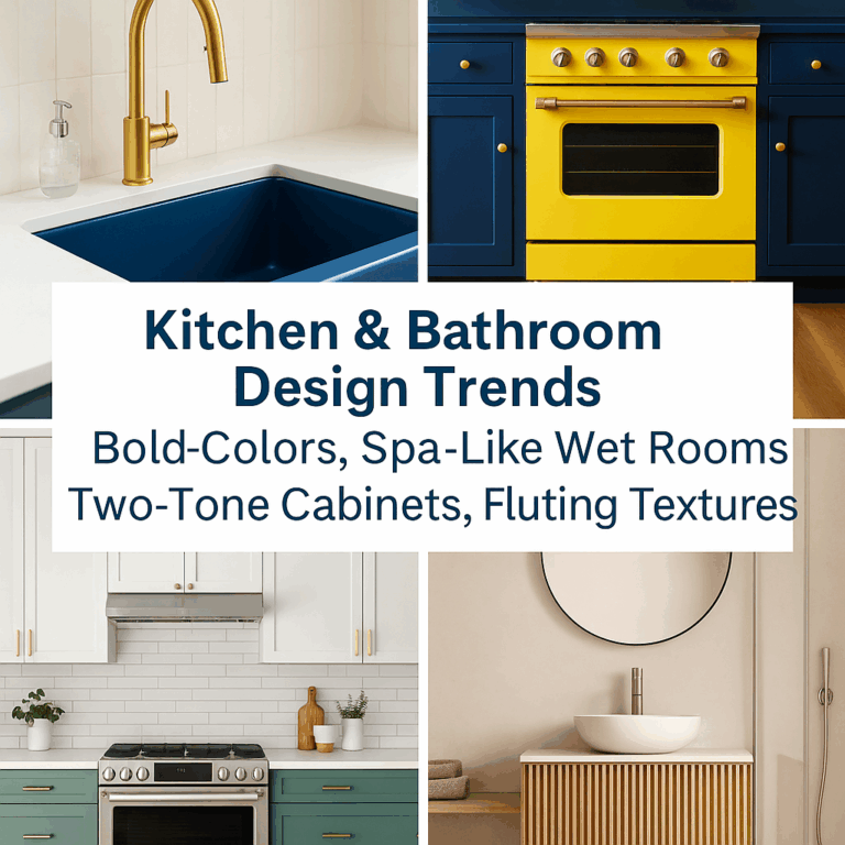 Collage of four modern kitchen and bathroom design trends for 2025, featuring a bold blue sink with gold faucet, a yellow oven with navy cabinets, a two-tone kitchen with white uppers and green base cabinets, and a fluted wood vanity with a round mirror. Overlaid text reads: 'Kitchen & Bathroom Design Trends – Bold Colors, Spa-Like Wet Rooms, Two-Tone Cabinets, Fluting Textures.