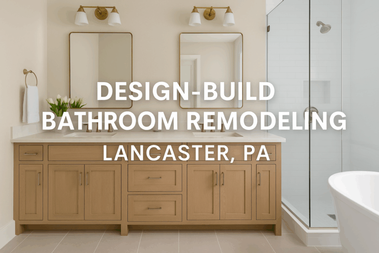 High-end bathroom featuring a double vanity with natural wood cabinetry, marble countertops, dual mirrors, glass-enclosed shower, and freestanding tub—representing luxury design-build remodeling in Lancaster, PA.