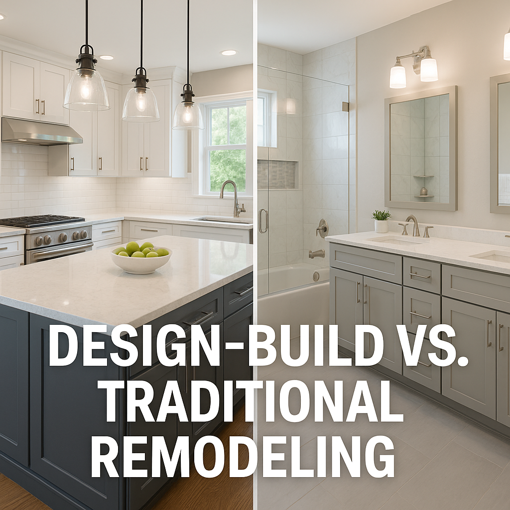 "Modern kitchen and bathroom side-by-side, showcasing a professionally designed space with a text overlay promoting discounted design services credited toward remodeling with B&M Home Improvement Solutions."