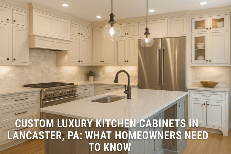 High-end kitchen interior with custom cream-colored cabinetry, quartz countertops, stainless steel appliances, and pendant lighting, designed for a luxury remodel in Lancaster, PA.