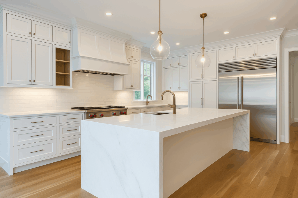 A high-end luxury kitchen featuring a waterfall-edge island, minimalist white cabinetry, gold pendant lighting, and high-performance appliances—showcasing modern elegance and functionality for upscale homes in Lancaster and York, PA.