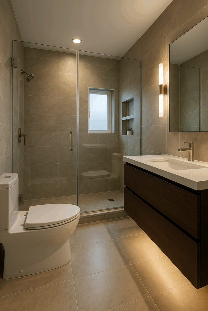 “A high-end small bathroom with a walk-in glass shower, large marble-look tiles, a floating vanity with under-lighting, and modern chrome fixtures. The space features neutral tones and natural lighting, creating a luxurious and spacious feel in a compact layout.”