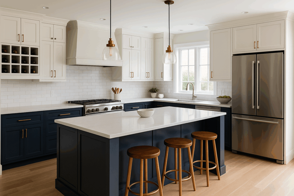 Modern Lancaster kitchen remodel with two-tone cabinets, quartz island, and pendant lighting.