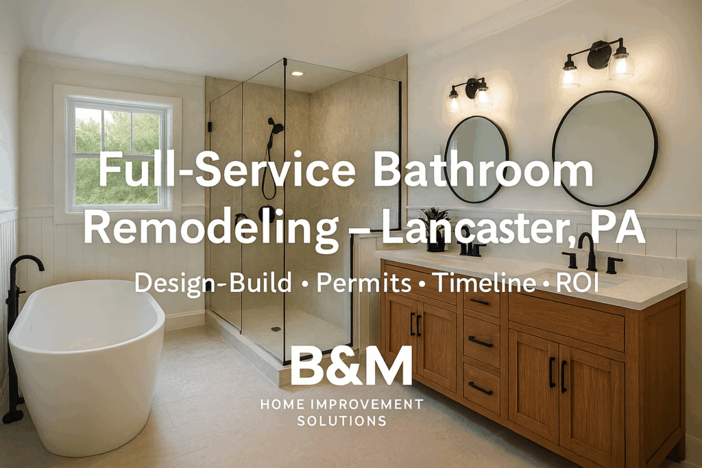 Lancaster PA bathroom remodel with walk-in shower, frameless glass, double vanity and warm LED lighting