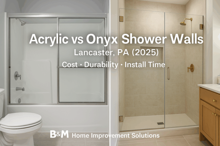 Side-by-side comparison of acrylic vs Onyx shower walls in Lancaster, PA—left: glossy white acrylic with molded shelves and framed slider; right: Onyx solid-surface stone-look panels with integrated niche and frameless glass.