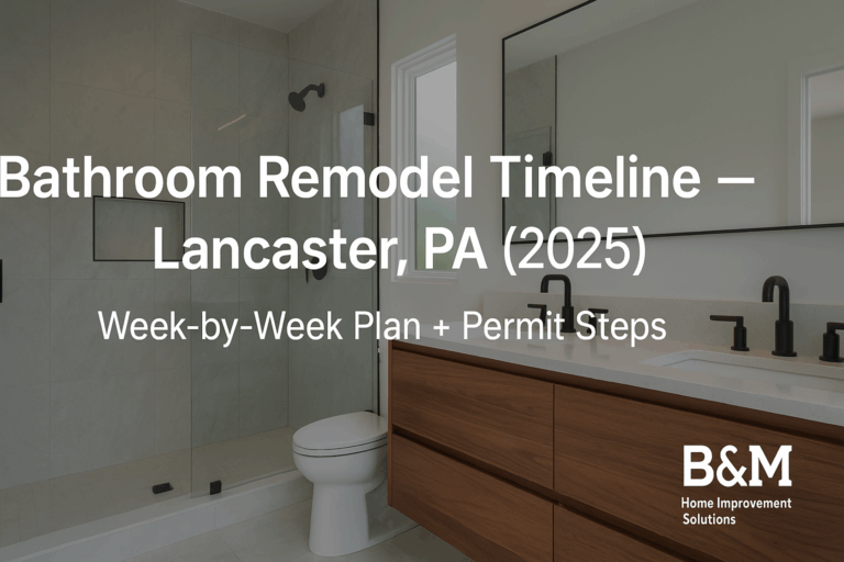 Lancaster PA bathroom remodel timeline steps with tile shower, double vanity, and frameless glass