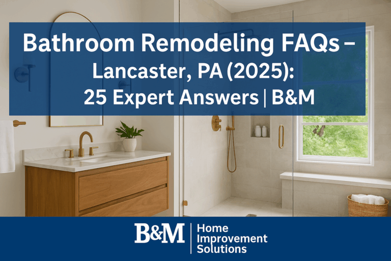Bright modern bathroom in Lancaster, PA with a curbless walk-in shower (frameless glass) and single vanity—cover image for Bathroom Remodeling FAQs (2025).