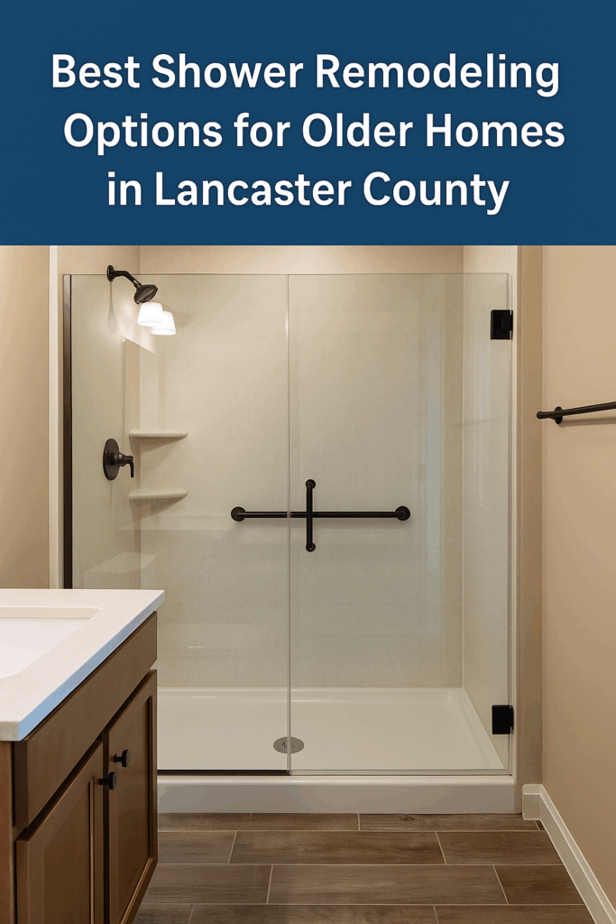 Modern walk-in shower with solid surface walls in a beautifully remodeled bathroom inside a 1970s Lancaster County home, featuring built-in shelving, a frameless glass door, and accessibility-friendly low-threshold entry.