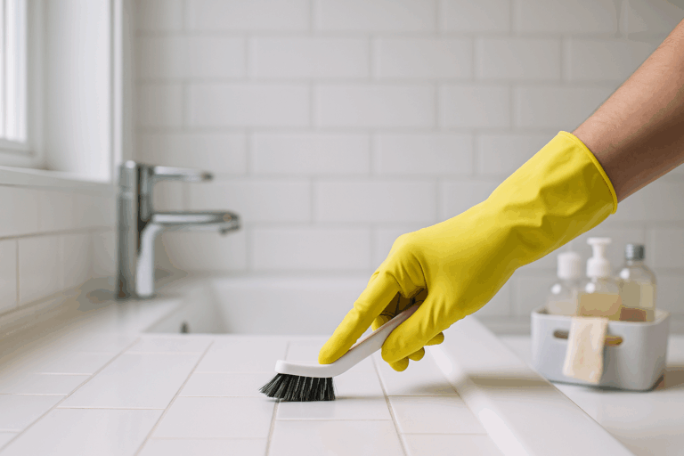 Homeowner scrubbing shower grout lines with a nylon brush in a Lancaster, PA bathroom.