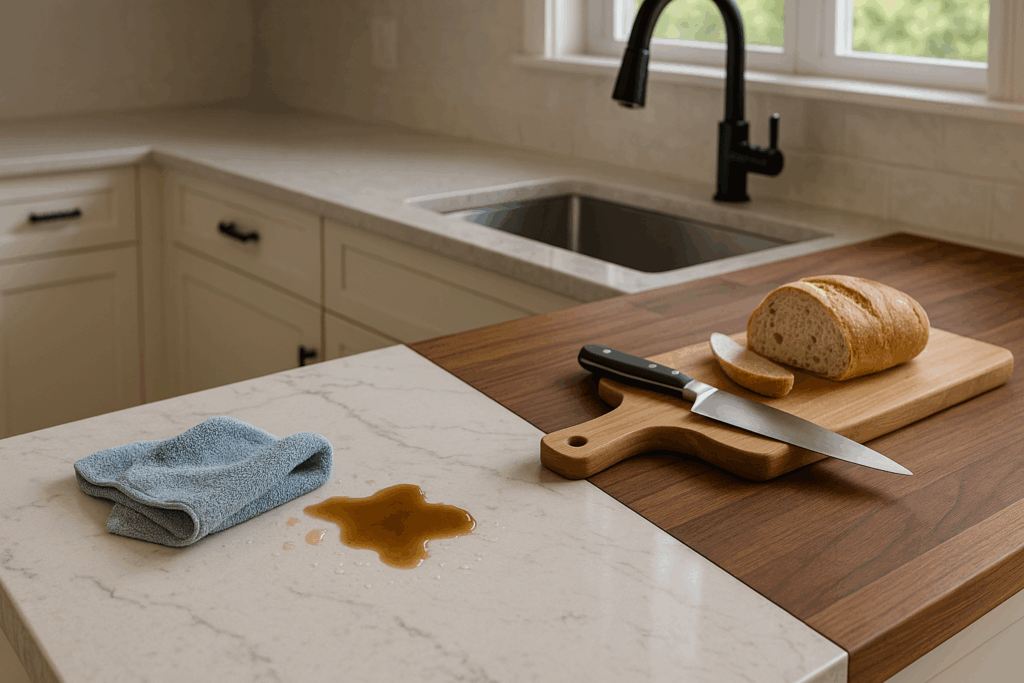 “Side-by-side countertops—light-veined quartz with a small coffee spill and microfiber cloth, and walnut butcher block with bread on a cutting board.”