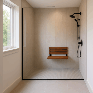 Curbless, zero‑threshold shower with linear drain and fixed glass panel in a Lancaster, PA home.