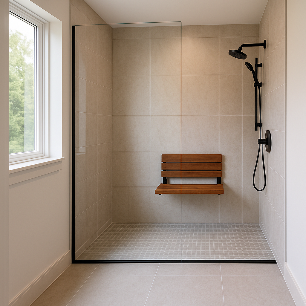 Curbless, zero‑threshold shower with linear drain and fixed glass panel in a Lancaster, PA home.