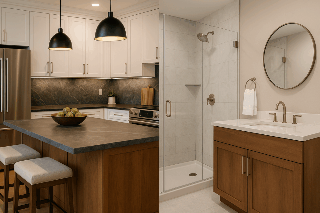 Modern Lancaster kitchen with white cabinetry, dark stone island, and staged bathroom with walk-in shower, designed for maximum home value ROI