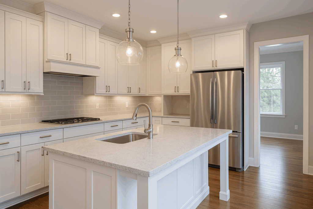Modern kitchen renovation with white cabinetry, quartz countertops, and hardwood flooring in a Lancaster County home.