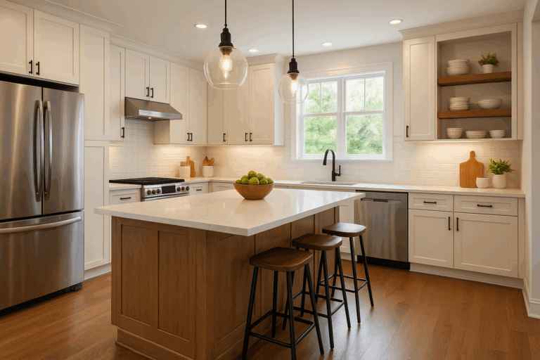 Lancaster PA kitchen remodel with shaker cabinets, quartz countertops, island and pendant lighting