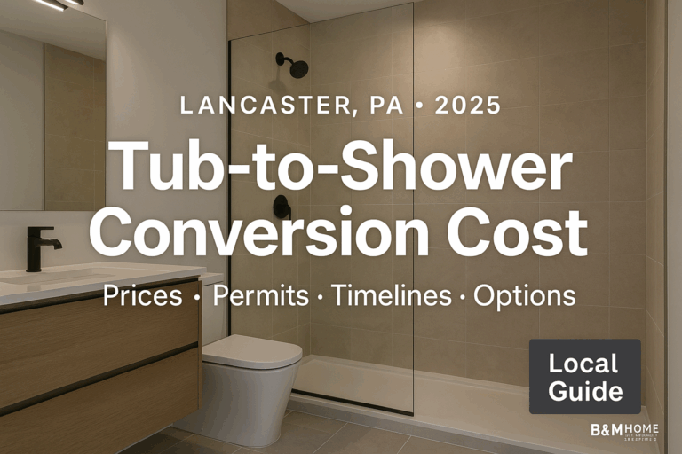 Lancaster PA tub-to-shower conversion with solid surface walls, niche, grab bar and frameless glass