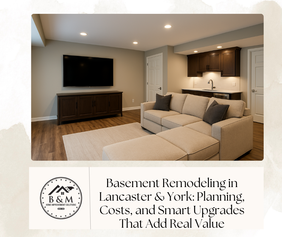 Finished basement in Lancaster PA featuring media lounge, sectional seating, and compact wet bar with warm layered lighting
