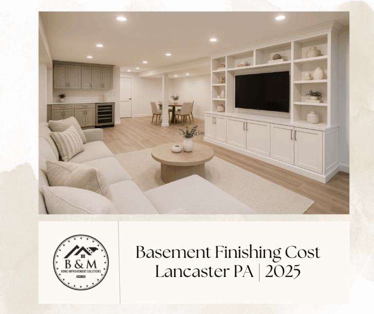 upscale high-end basement finishing light and bright with trendy cabinets, media built in and finished/ furnished space that could be used to entertain during event Lancaster PA 2025