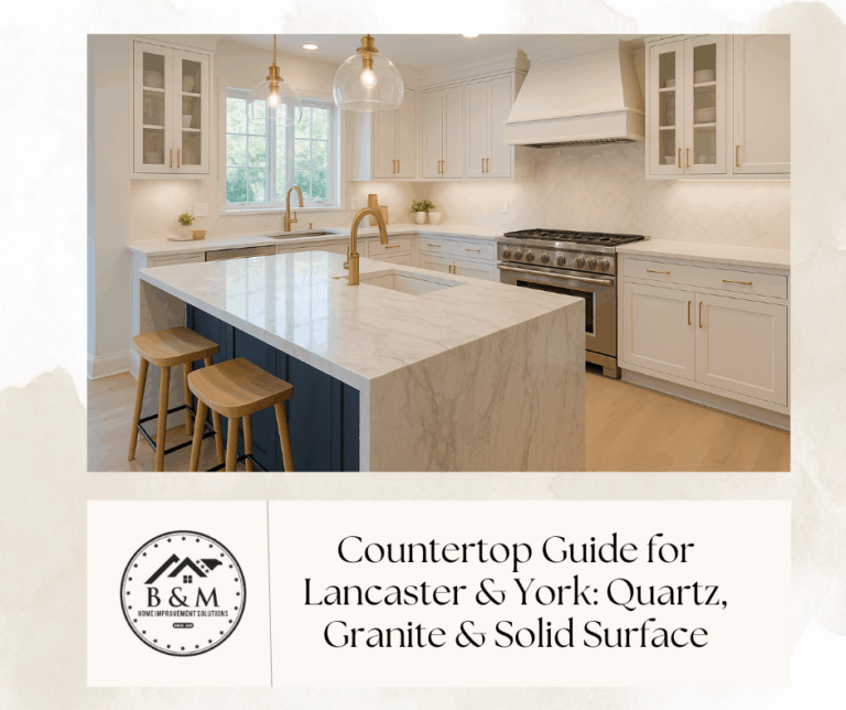 Quartzite waterfall island beside solid surface perimeter in a custom Lancaster PA kitchen.