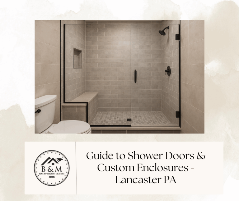 Frameless custom shower enclosure with low-iron glass, bench, and matte black hardware in a Lancaster PA bathroom