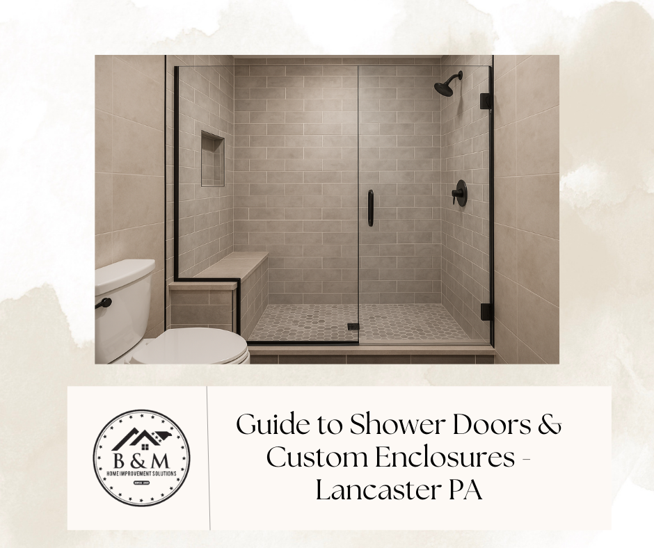Frameless custom shower enclosure with low-iron glass, bench, and matte black hardware in a Lancaster PA bathroom